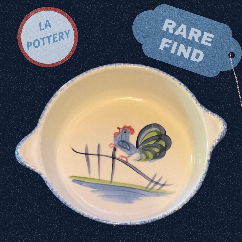 Ultra Rare 1970s Los Angeles Pottery Hand Painted Rooster 10” Casserole Dish